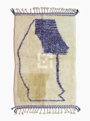 Top View of Toda handmade Beni Ourain wool rug with a modern organic abstract design in blue and beige