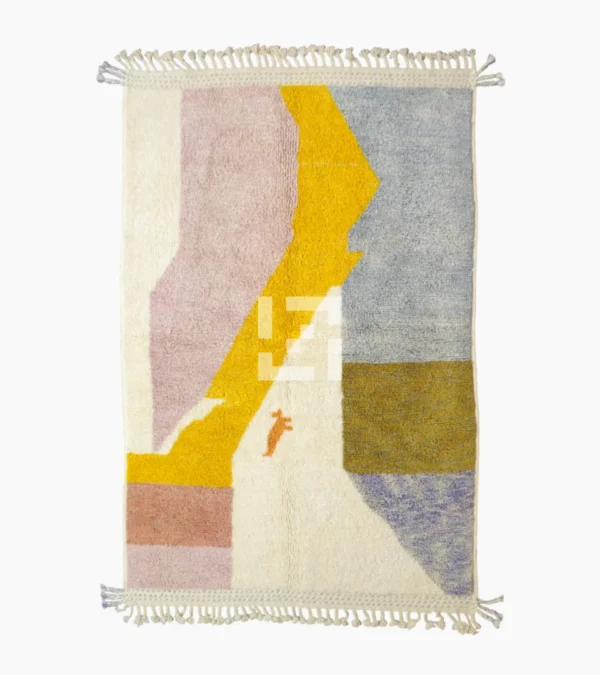 Top View of Handmade Moroccan plush wool rug with a modern cloud-like abstract design in muted pink, yellow, and gray