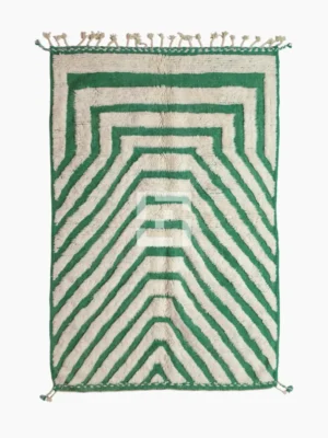 Top View of Verdant handmade Beni Ourain wool rug with a bold pattern of nested green and ivory stripes