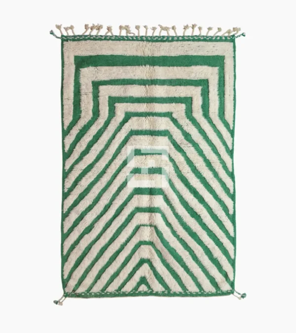 Top View of Verdant handmade Beni Ourain wool rug with a bold pattern of nested green and ivory stripes