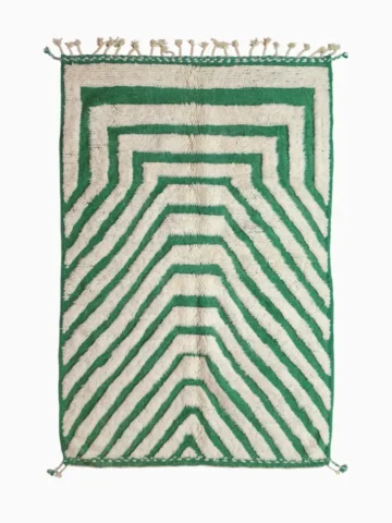 Top View of Verdant handmade Moroccan rug with a bold pattern of nested green and ivory stripes