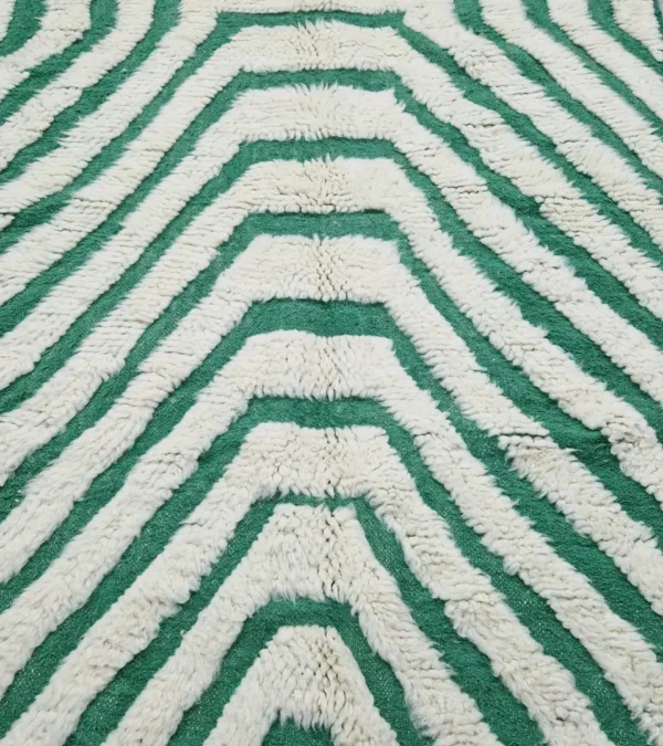 Detailed View of Verdant handmade Beni Ourain wool rug with a bold pattern of nested green and ivory stripes