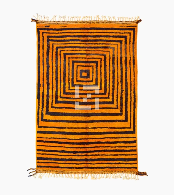 Top View of Handmade Moroccan wool rug with orange and navy concentric square stripes