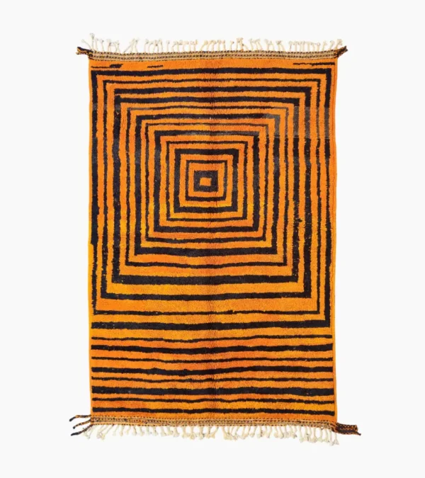 Top View of Handmade Moroccan wool rug with orange and navy concentric square stripes