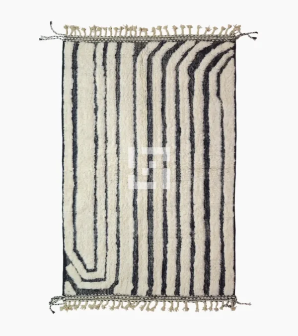 Top View of Zebra handmade Beni Ourain wool rug with a bold black and white striped pattern and varying pile height