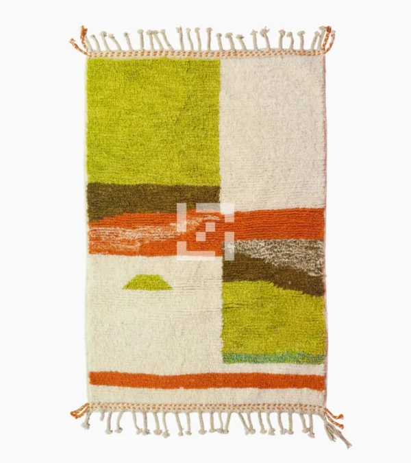 Top View of Zera handmade Beni Ourain wool rug with a contemporary abstract design in multicolor hues of green, orange, and brown