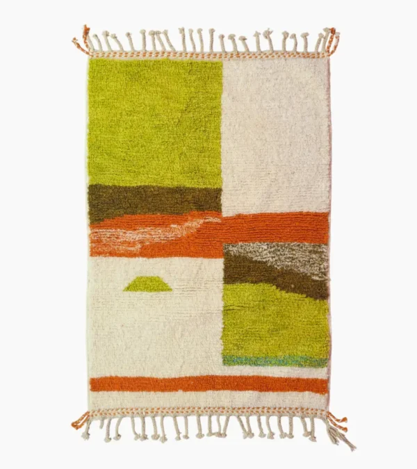Top View of Zera handmade Beni Ourain wool rug with a contemporary abstract design in multicolor hues of green, orange, and brown
