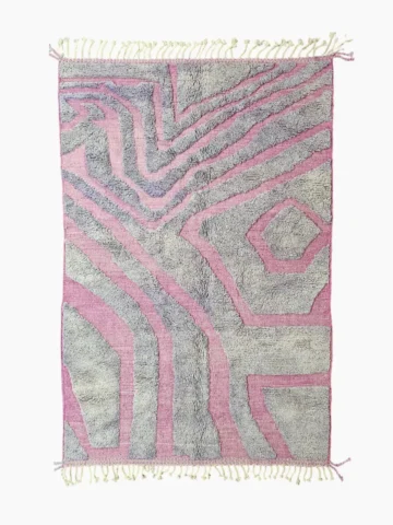 Top View of Handmade Moroccan Beni Mrirt wool rug with unique abstract and geometric pink and gray shaggy pattern
