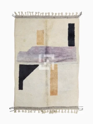 Top View of Zira handmade Moroccan wool rug with a minimalist geometric blocks design in black, lavender, and beige