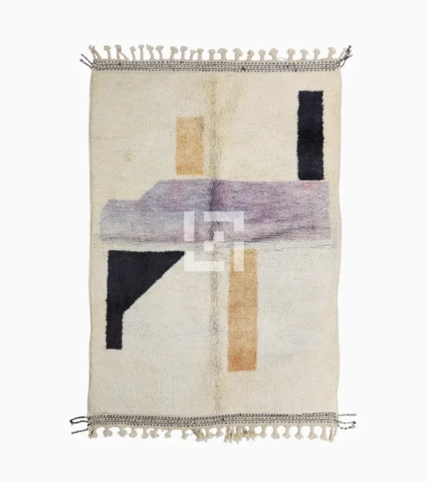 Top View of Zira handmade Moroccan wool rug with a minimalist geometric blocks design in black, lavender, and beige