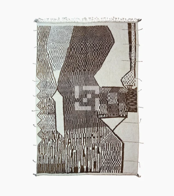 Top View of Zira handmade Beni Ourain wool rug with a textured geometric design in brown, gray, and ivory