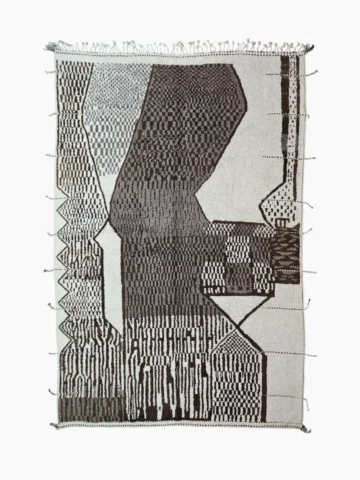 Top View of Zira handmade Beni Ourain wool rug with a textured geometric design in brown, gray, and ivory
