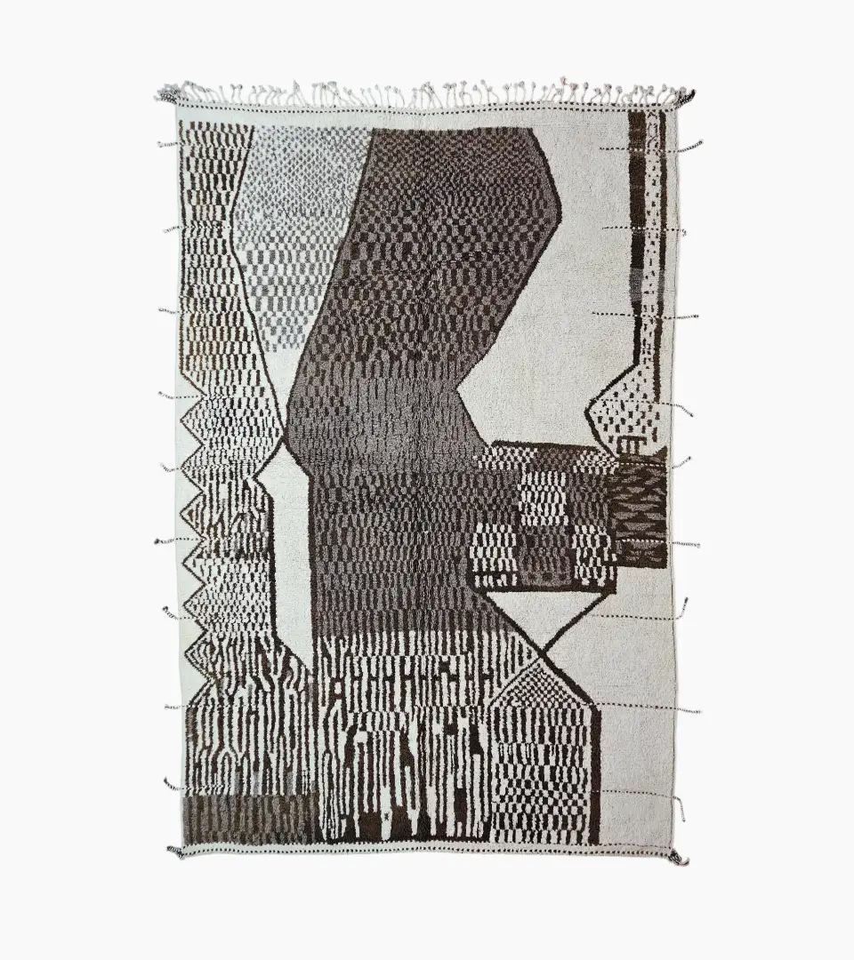 Top View of Zira handmade Beni Ourain wool rug with a textured geometric design in brown, gray, and ivory