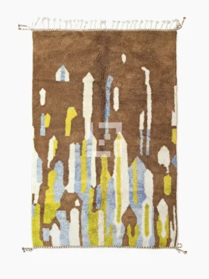 Top View of Zola handmade Beni Ourain wool rug with an abstract design of vertical white, blue, and green shapes on a brown background