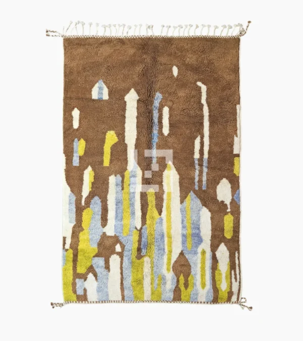 Top View of Zola handmade Beni Ourain wool rug with an abstract design of vertical white, blue, and green shapes on a brown background