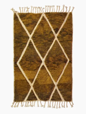Top View of Zola handmade Moroccan wool rug with a modern lattice pattern in brown and ivory