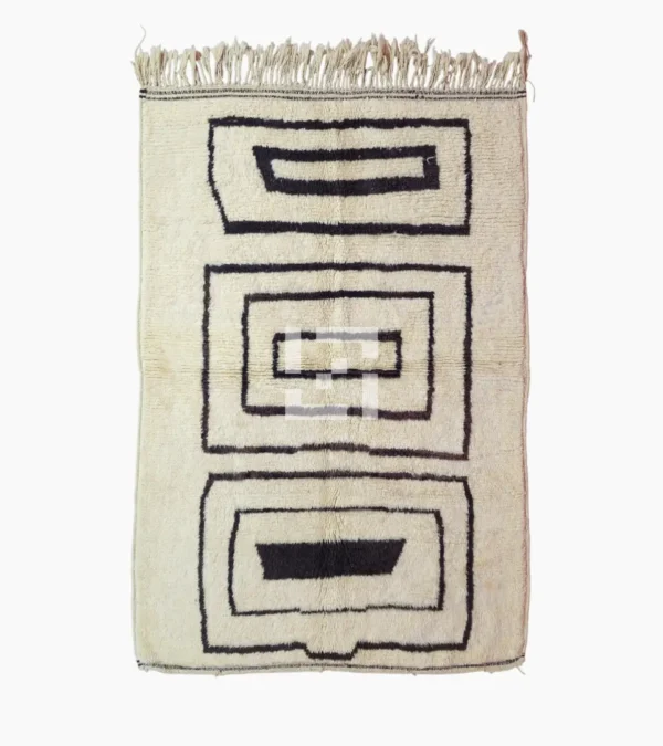 Top View of Zola handmade Beni Ourain wool rug with a minimalist design of bold black lines on an ivory background