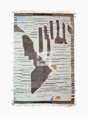 Top View of Zola handmade Azilal wool rug with a textured abstract striped design in brown, off-white, light blue, and tan