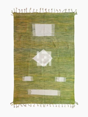 Top View of Zuri handmade Kilim flatweave rug with a minimalist textured design and geometric shapes on a green background