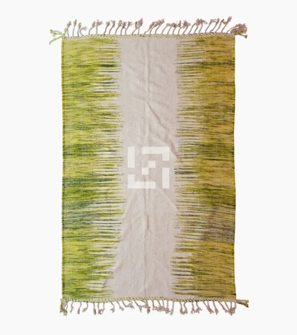 Top View of Zuri handmade Moroccan Kilim rug with a modern striped design in green, yellow, and ivory