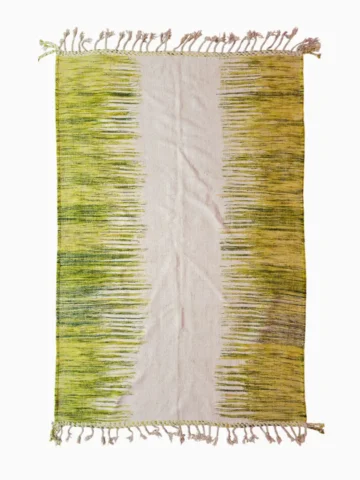 Top View of Zuri handmade Moroccan Kilim rug with a modern striped design in green, yellow, and ivory