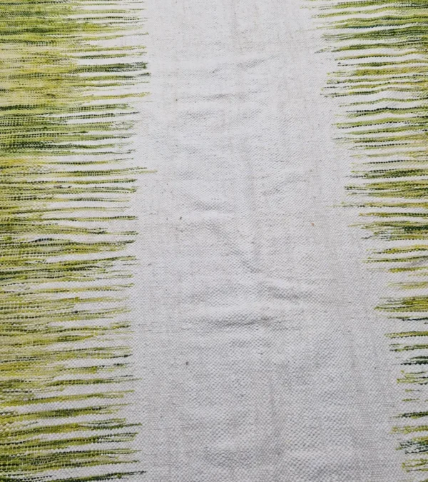Detailed View of Zuri handmade Moroccan Kilim rug with a modern striped design in green, yellow, and ivory