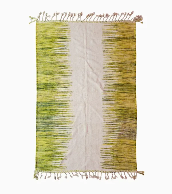 Top View of Zuri handmade Moroccan Kilim rug with a modern striped design in green, yellow, and ivory