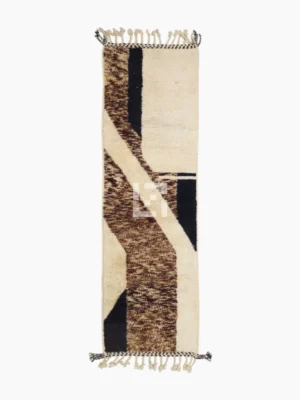 Top View of Zyrah handmade Beni Mrirt wool runner with a textured brown geometric design in black and ivory