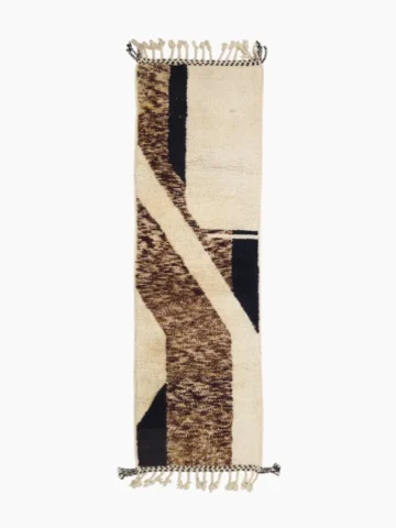 Top View of Zyrah handmade Beni Mrirt wool runner with a textured brown geometric design in black and ivory