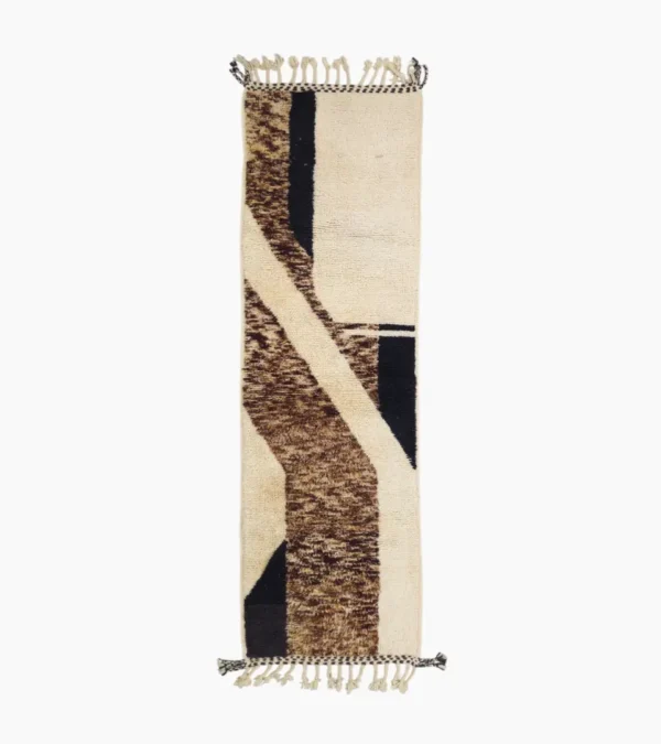 Top View of Zyrah handmade Beni Mrirt wool runner with a textured brown geometric design in black and ivory