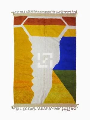 top view of Abstract color block Moroccan wool rug with yellow, blue, orange, and ivory panels