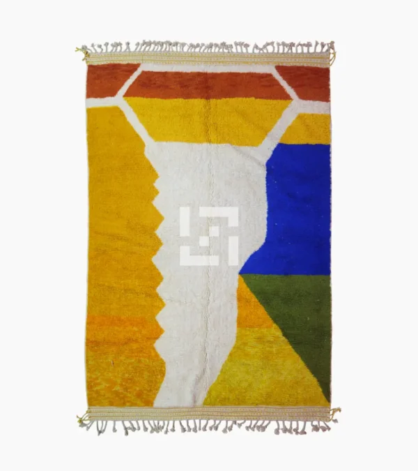 top view of Abstract color block Moroccan wool rug with yellow, blue, orange, and ivory panels