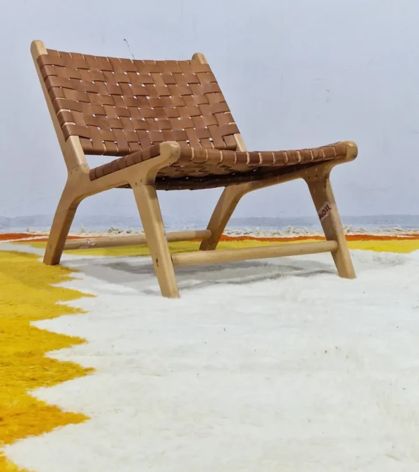 Abstract color block Moroccan wool rug with yellow, blue, orange, and ivory panels in room
