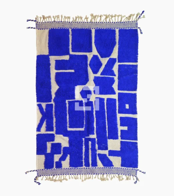 top view of Handwoven cobalt blue abstract geometric Moroccan rug with shaggy pile