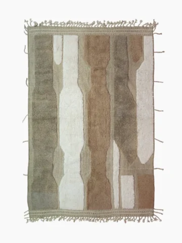 top view of Earth tone striped Moroccan rug in beige, taupe, and ivory