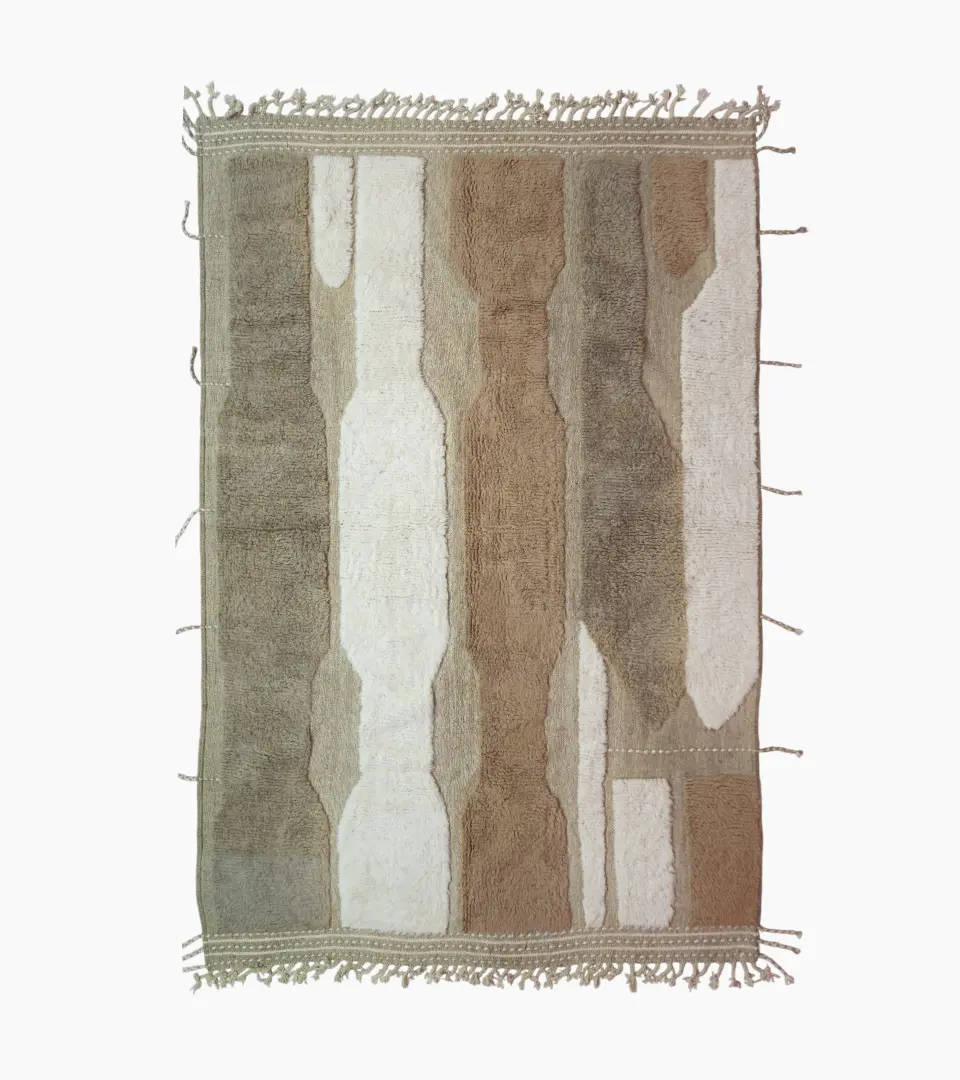 top view of Earth tone striped Moroccan rug in beige, taupe, and ivory