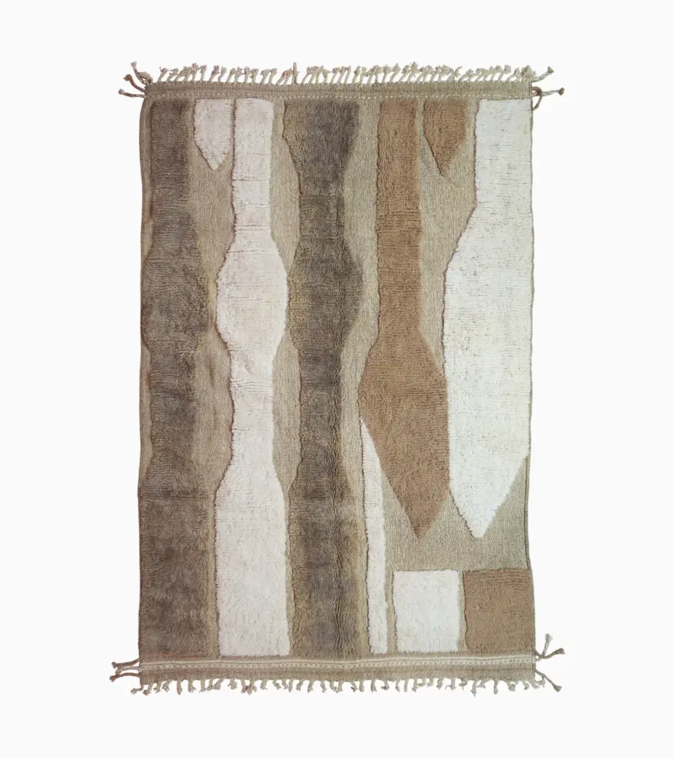 top view of Handmade Moroccan high/low pile rug with abstract neutral pattern