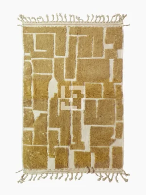top view of Golden brown geometric Moroccan rug with creamy off-white wool background