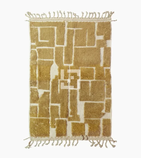 top view of Golden brown geometric Moroccan rug with creamy off-white wool background