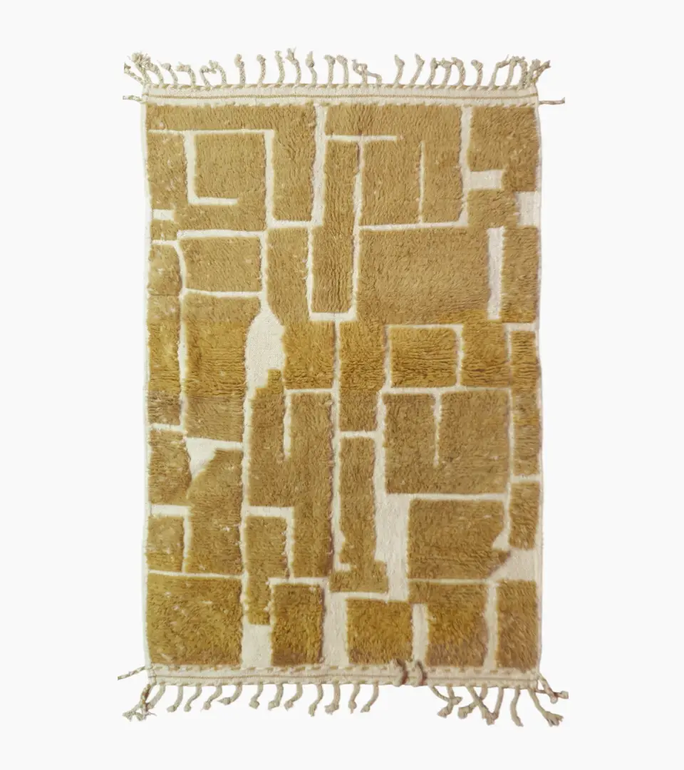 top view of Golden brown geometric Moroccan rug with creamy off-white wool background