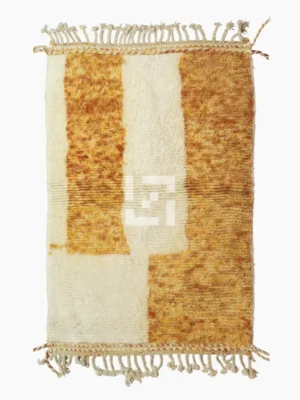 top view of Golden Horizon Moroccan rug with golden yellow and off-white abstract shapes