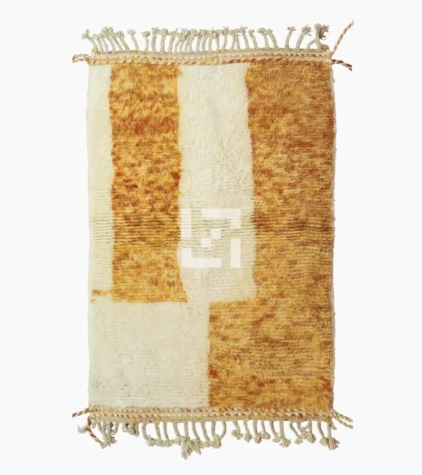 top view of Golden Horizon Moroccan rug with golden yellow and off-white abstract shapes