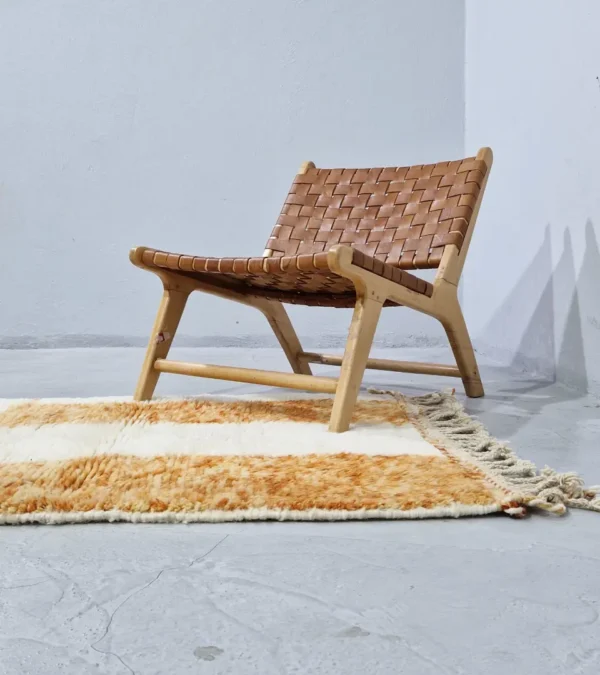 Golden Horizon Moroccan rug with golden yellow and off-white abstract shapes in room