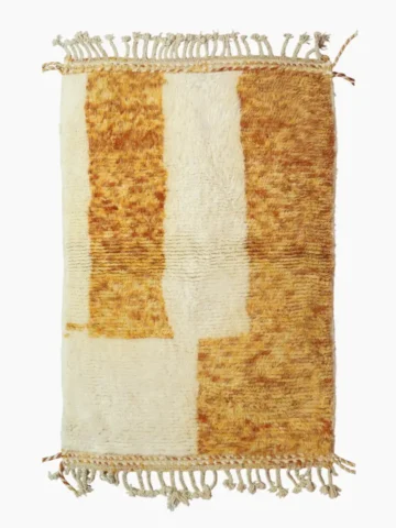 top view of Golden Horizon Moroccan rug with golden yellow and off-white abstract shapes