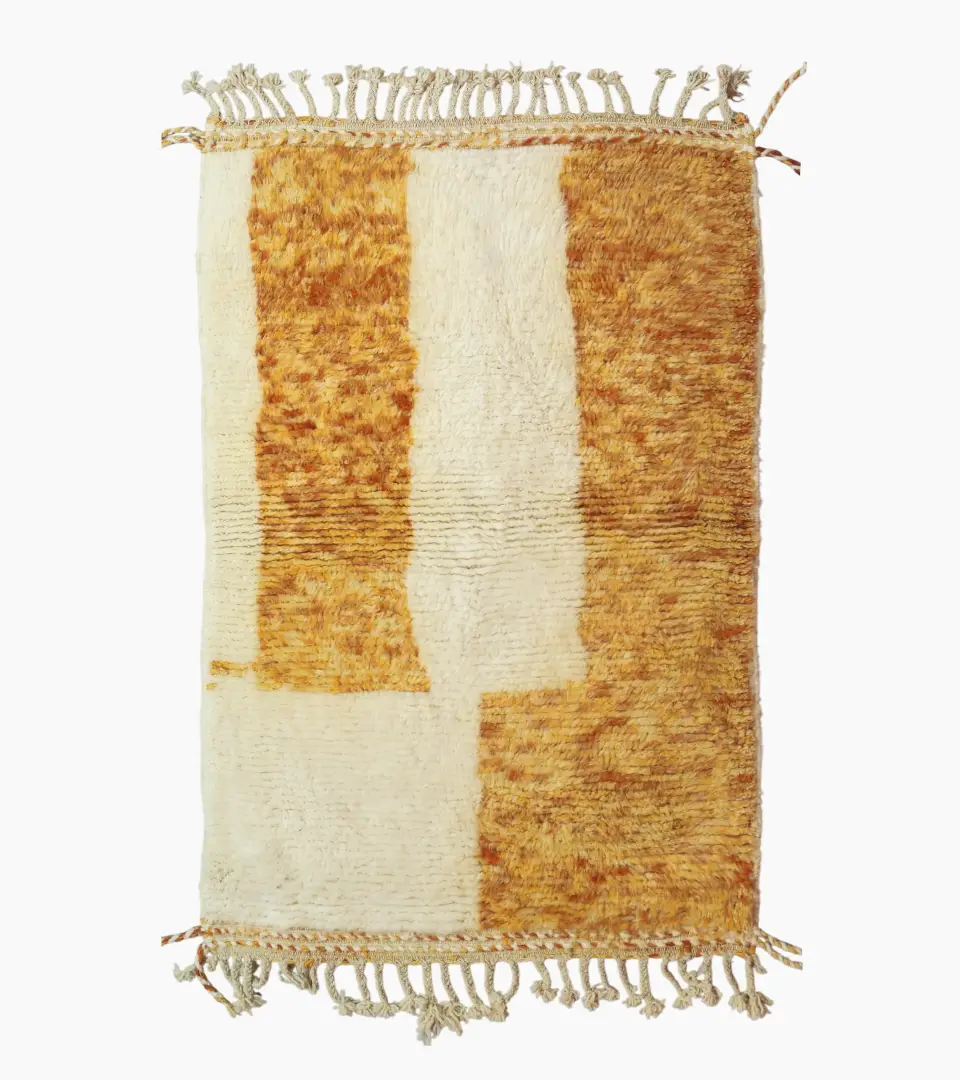 top view of Golden Horizon Moroccan rug with golden yellow and off-white abstract shapes