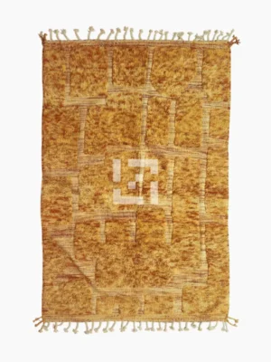top view of Goldenrod wool rug with plush high-pile texture and beige geometric grid pattern