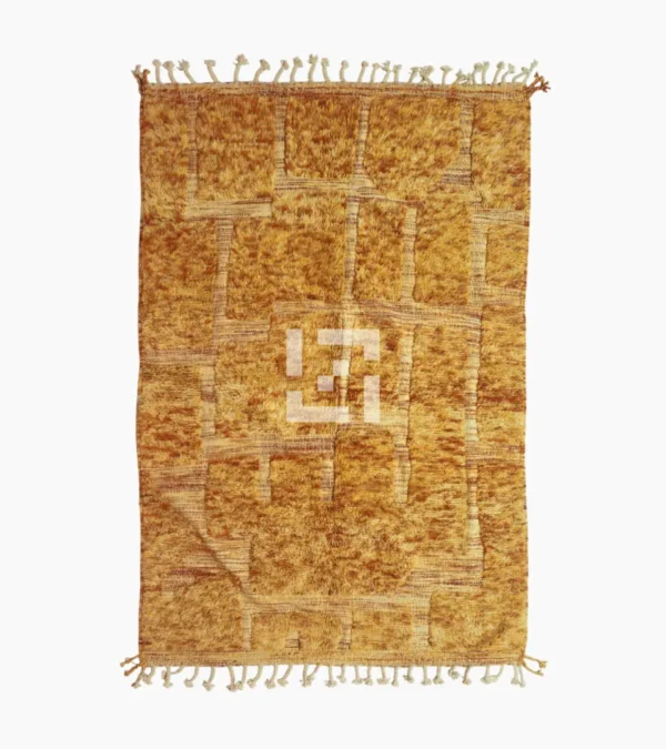 top view of Goldenrod wool rug with plush high-pile texture and beige geometric grid pattern