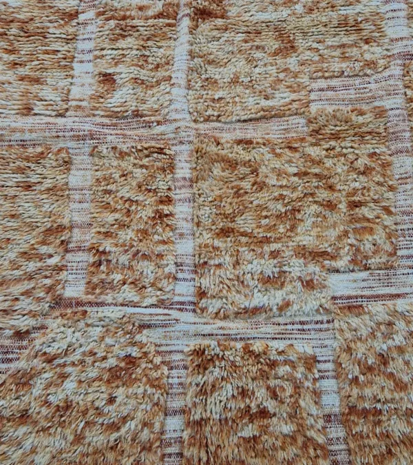 detailed view of Goldenrod wool rug with plush high-pile texture and beige geometric grid pattern