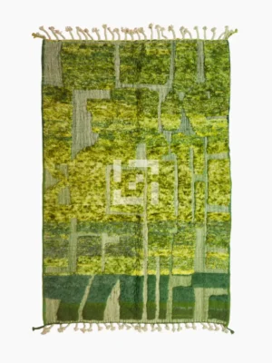 top view of Hand-knotted Moroccan rug with sculpted high-pile texture, variegated green tones, and dual-pattern design with tassels