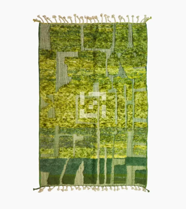 top view of Hand-knotted Moroccan rug with sculpted high-pile texture, variegated green tones, and dual-pattern design with tassels